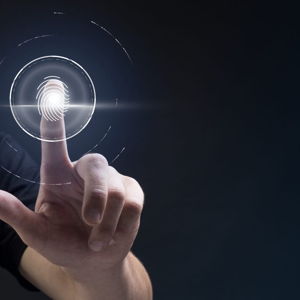Biometric technology background with fingerprint scanning system on virtual screen digital remix